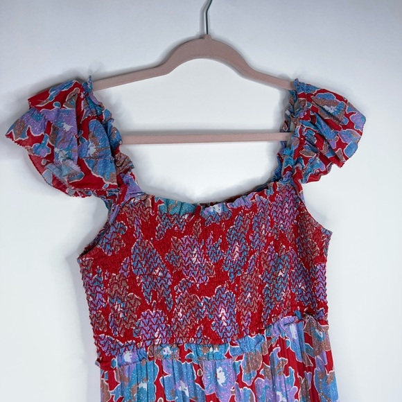 Love the Label Red Blue Floral Midi Dress Square Neck Smocked Tiered Cotton - Picture 4 of 11